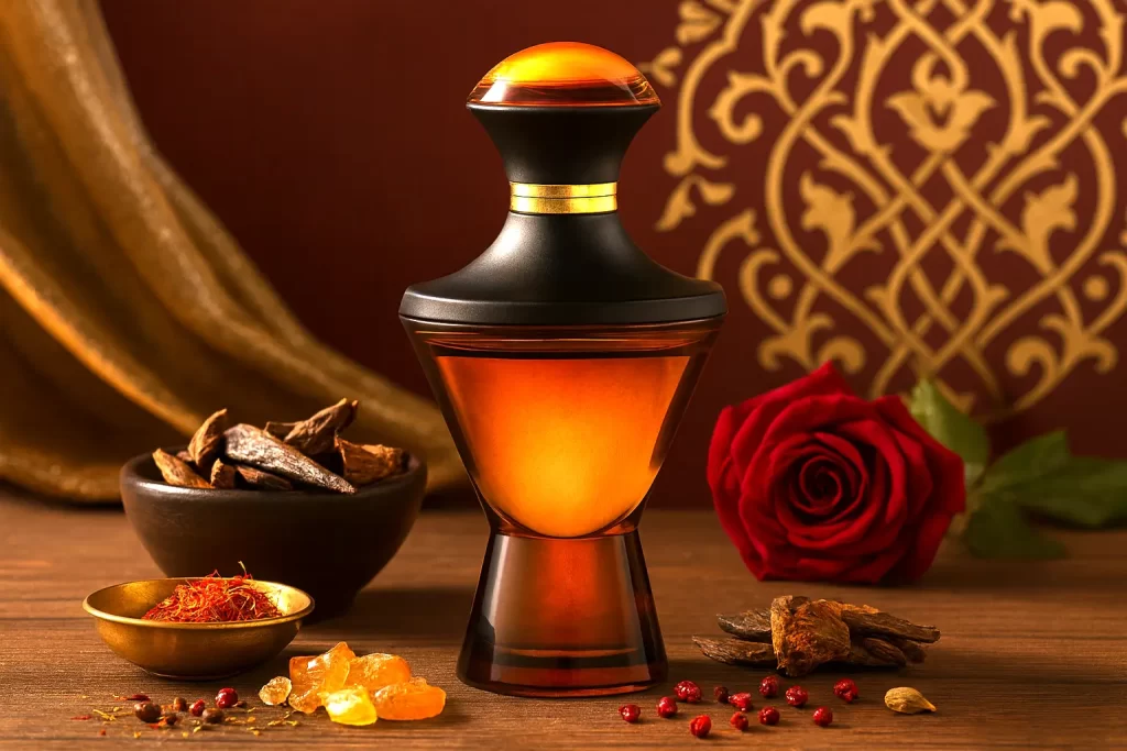 Frasco do perfume Hadiya O Boticário sobre bancada árabe com oud, rosa damascena e especiarias.