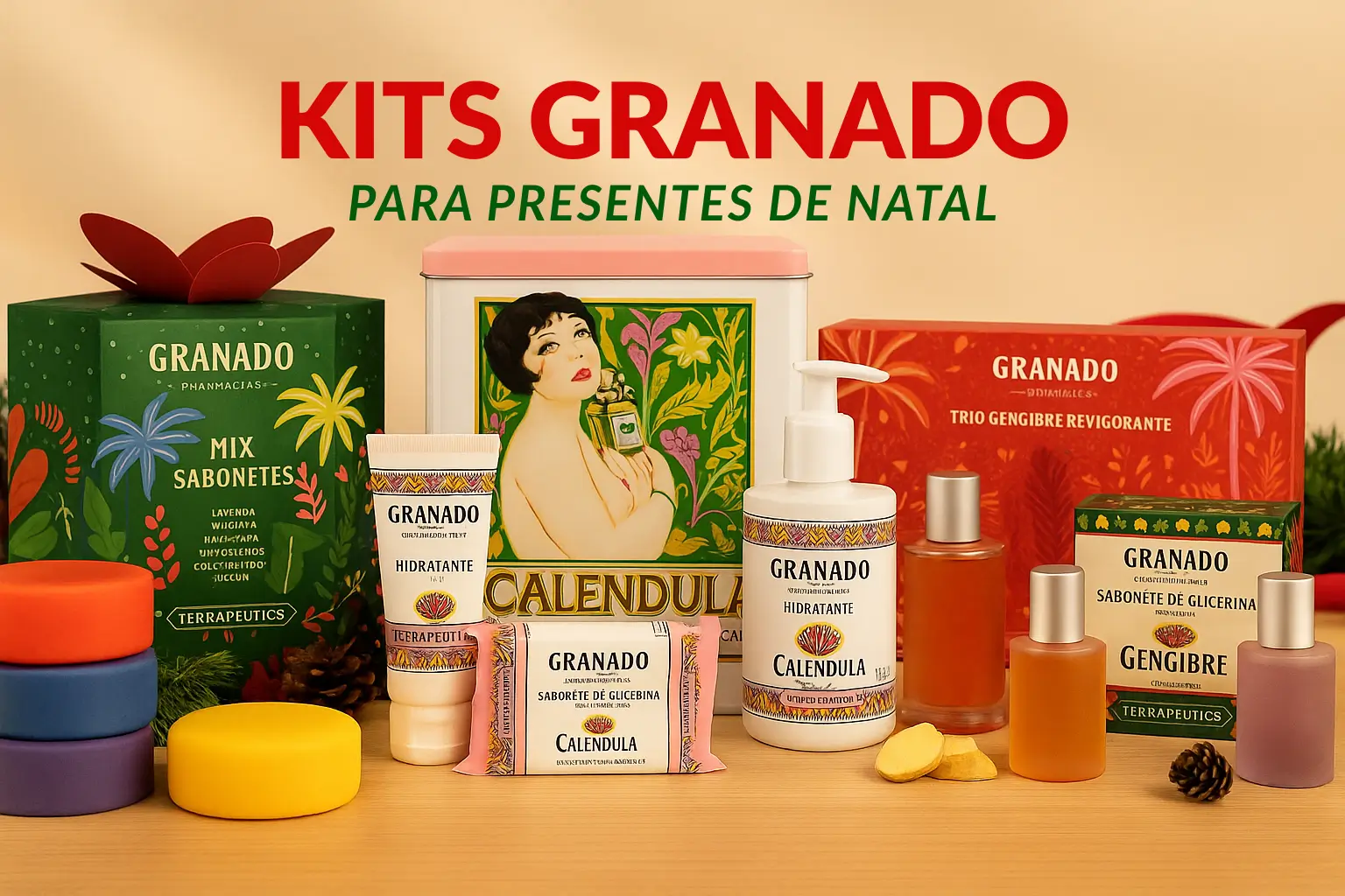 Kit Granado Terrapeutics com lata Calêndula, Mix Sabonetes, Trio Gengibre e Trio Colônias dispostos sobre bancada de madeira, em clima de presente de Natal.