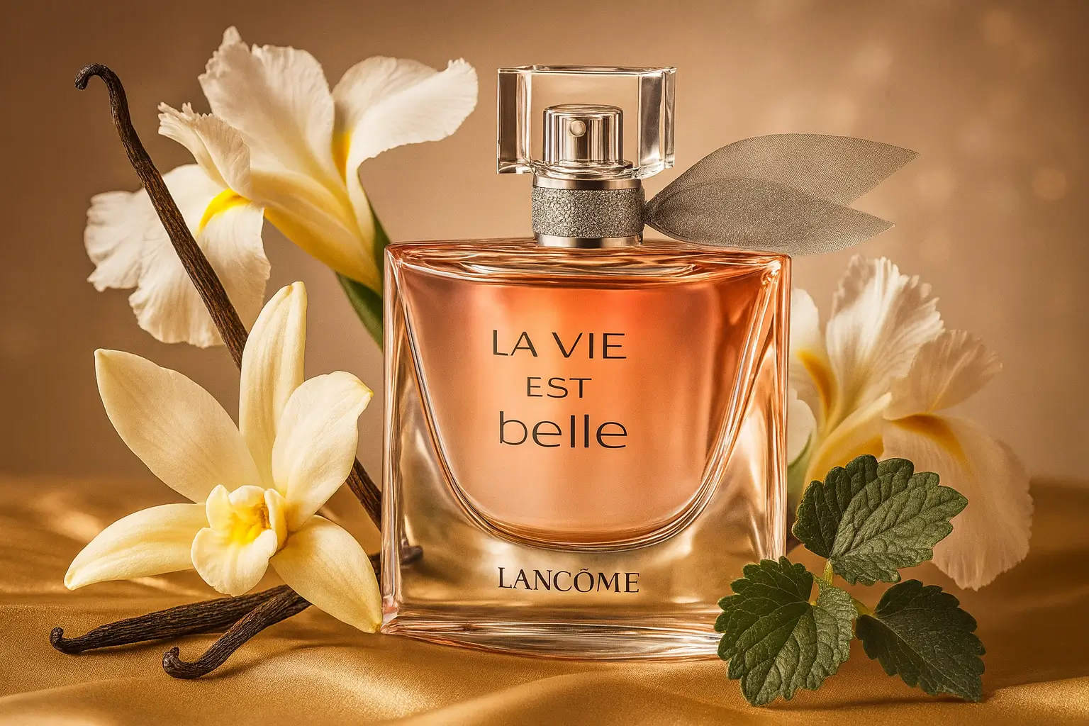 Frasco do perfume Lancôme La Vie Est Belle em cenário elegante, cercado por flores brancas, baunilha e folhas verdes que representam suas notas florais e gourmand.