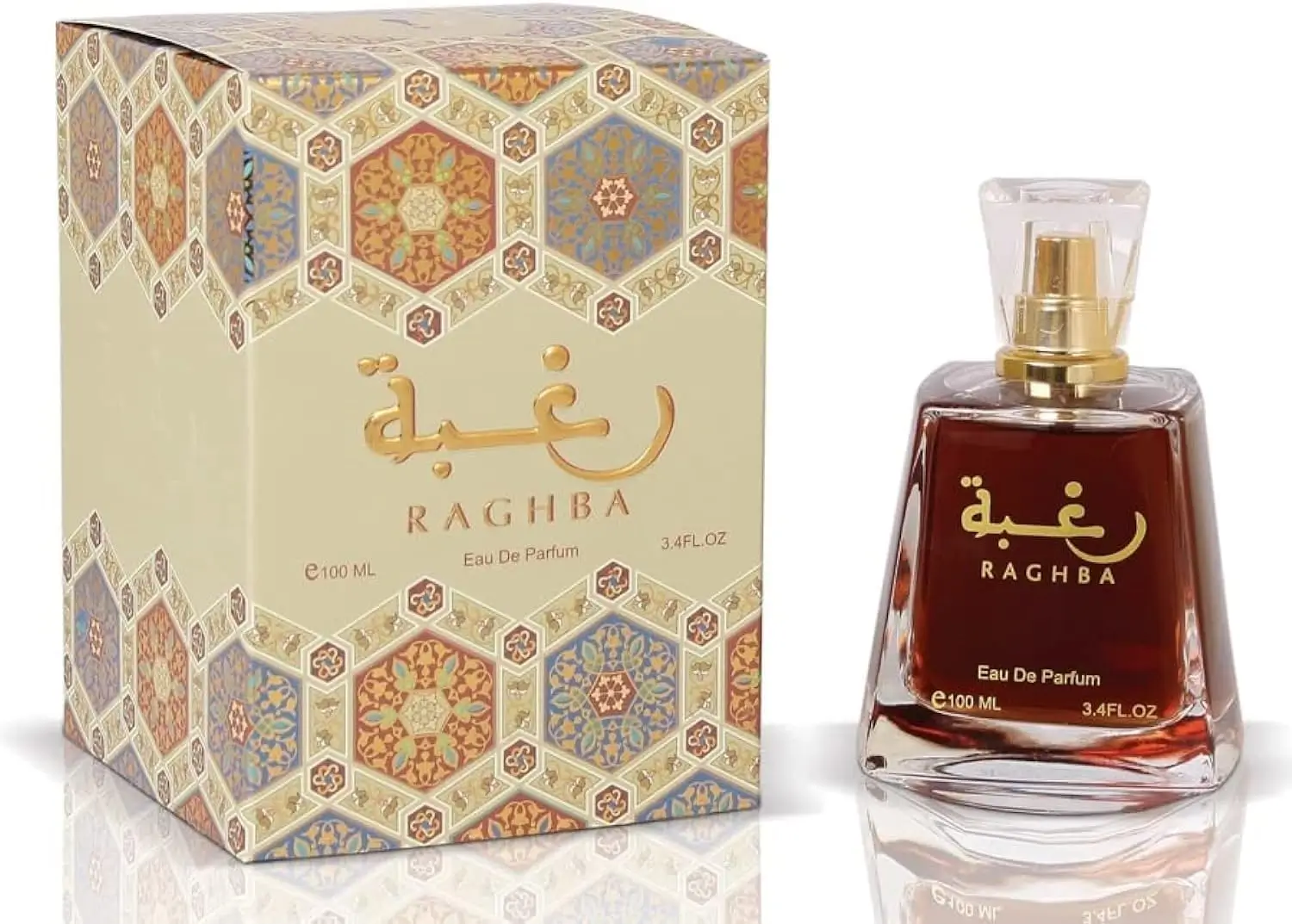 Frasco de perfume Raghba Eau de Parfum com caixa decorada em padrões árabes coloridos