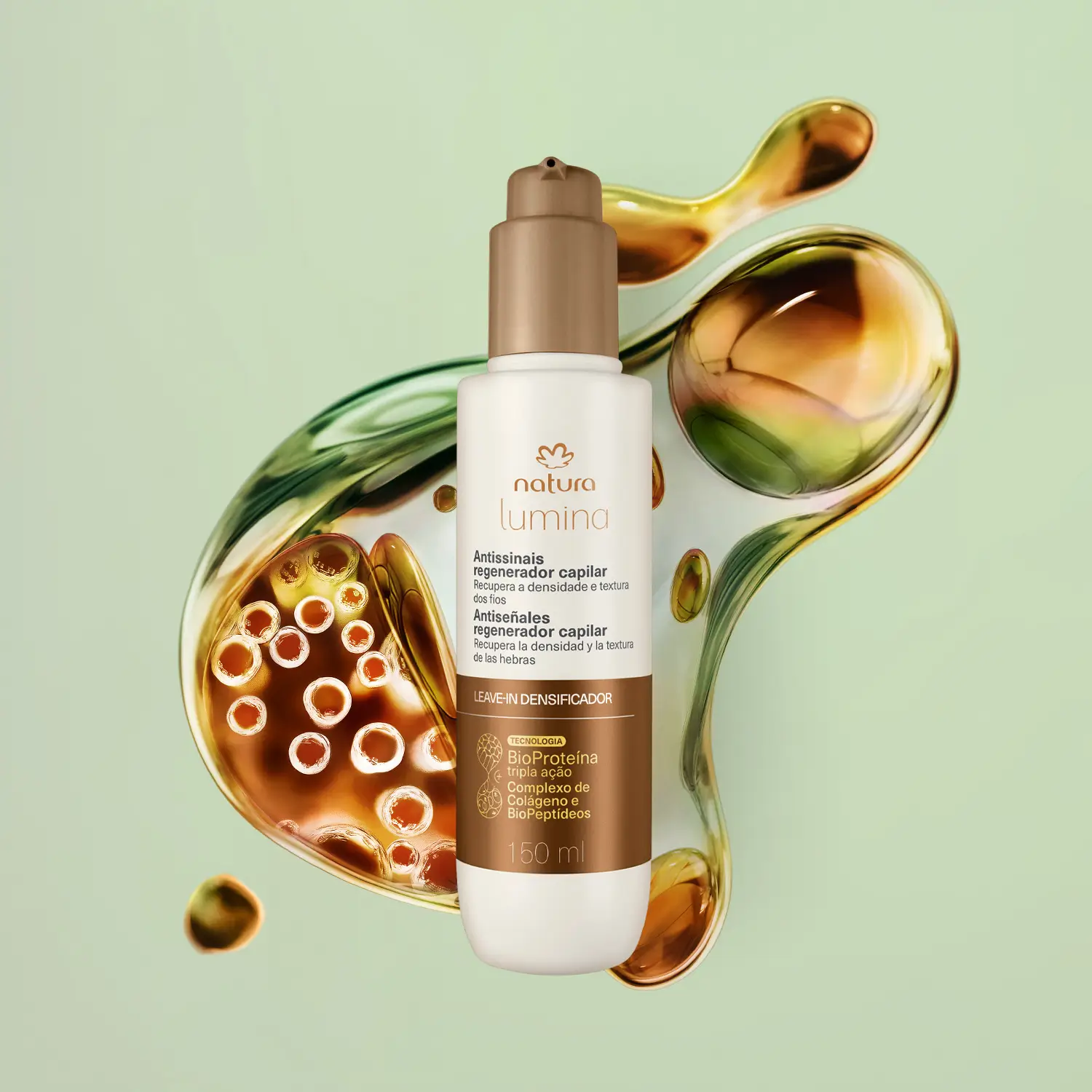 frasco do Natura Lumina Antissinais Regenerador Capilar – Leave-in Densificador 150 ml em destaque, sobre fundo verde com textura fluida que remete à BioProteína