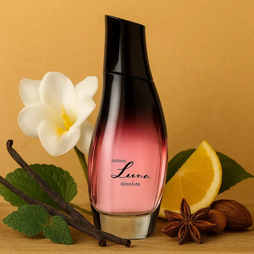 Foto em close do perfume Natura Luna Absoluta 50 ml em frasco rosado com tampa preta, cercado por baunilha, flor branca, folhas verdes e fatia de limão, em cenário elegante para destaque de venda.