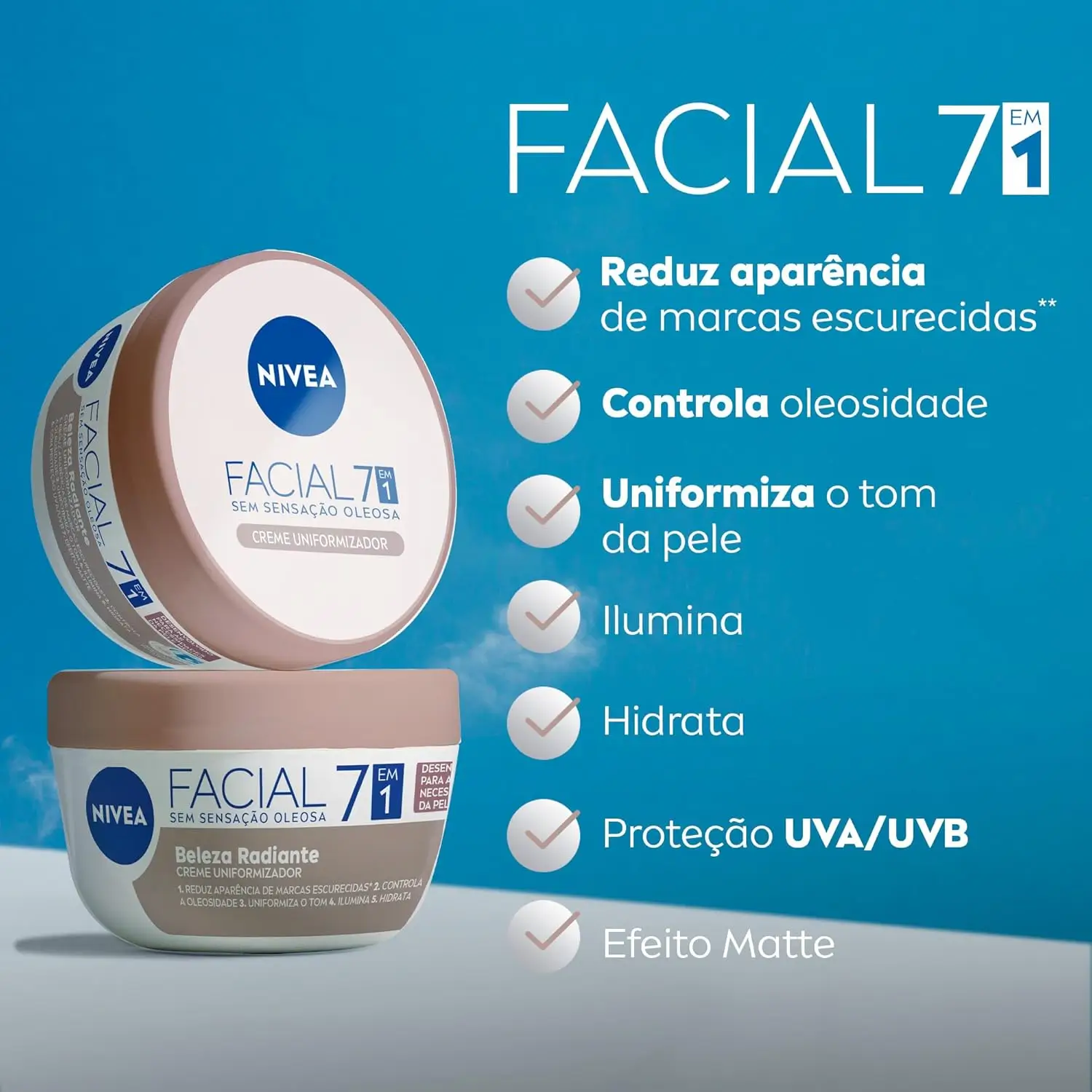 Creme facial NIVEA Beleza Radiante 7 em 1 para pele negra, em pote rosado sobre fundo azul com lista de benefícios.