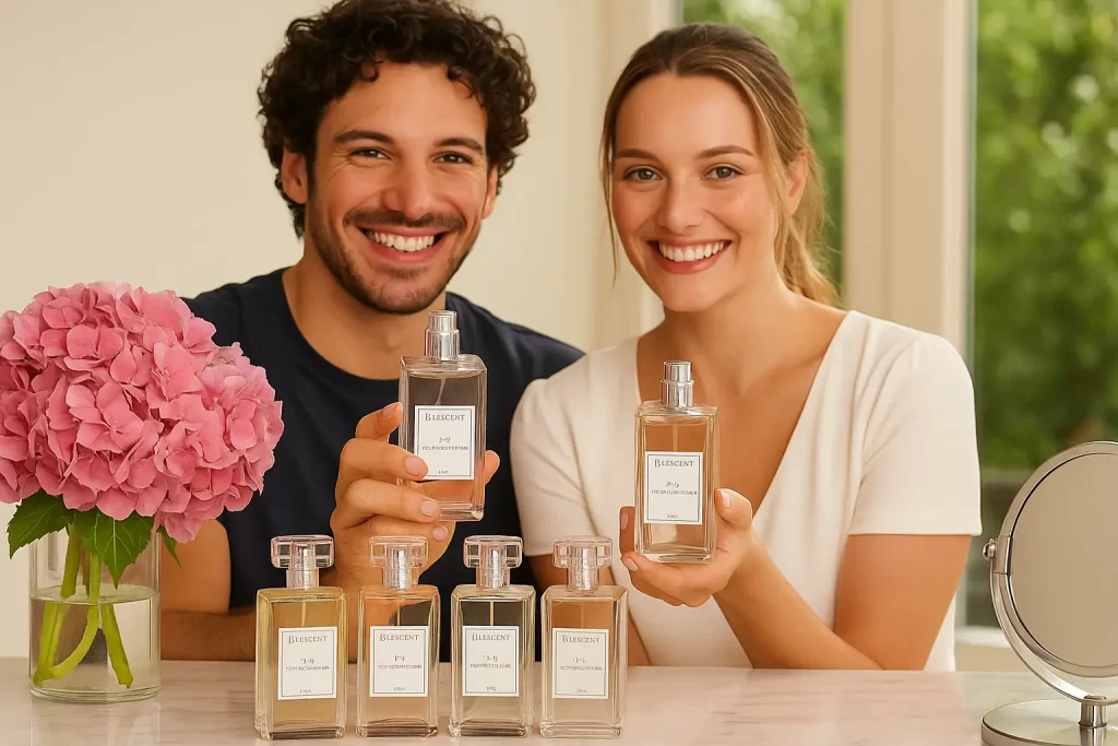 Casal sorridente segura frascos de perfume Lescent em uma bancada decorada com flores rosas e espelho, durante o dia.
