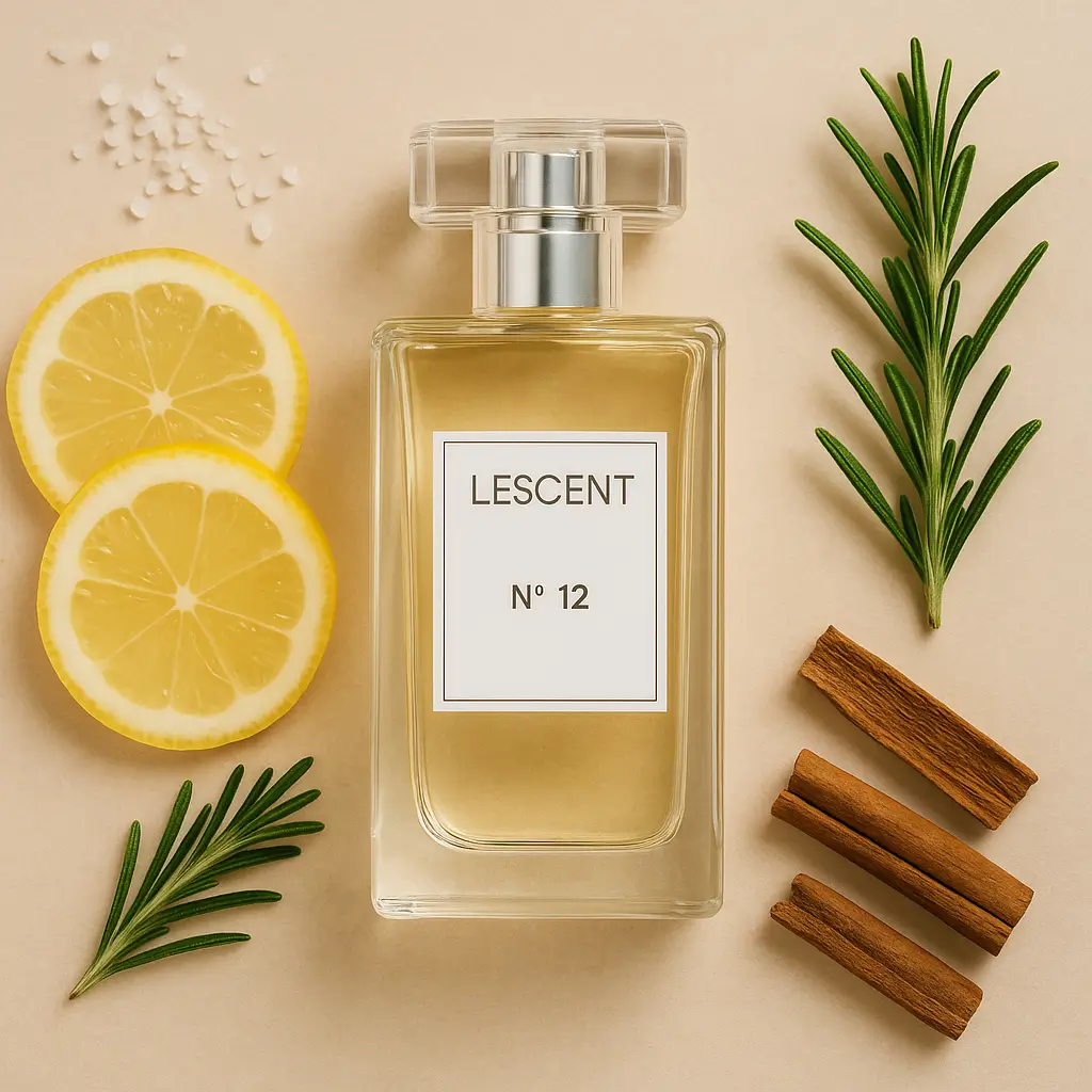 Perfume Lescent Nº 12 com limão, alecrim, canela e cristais de sal em fundo bege