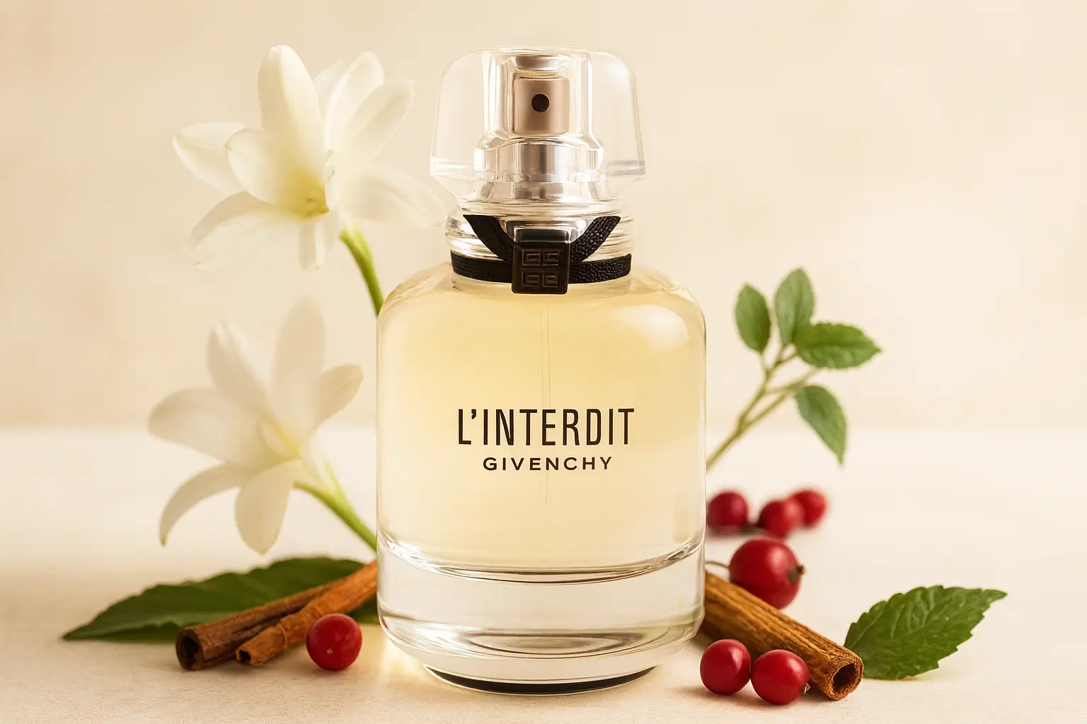 Frasco do perfume L’Interdit Givenchy Eau de Parfum em destaque sobre fundo claro, com detalhes elegantes e femininos.