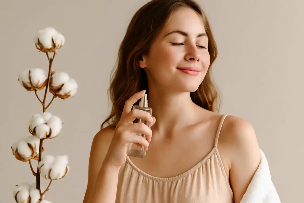 jovem com leve sorriso borrifando perfume segunda pele no pescoço, vestido de verão bege, ramos de algodão ao lado e fundo neutro