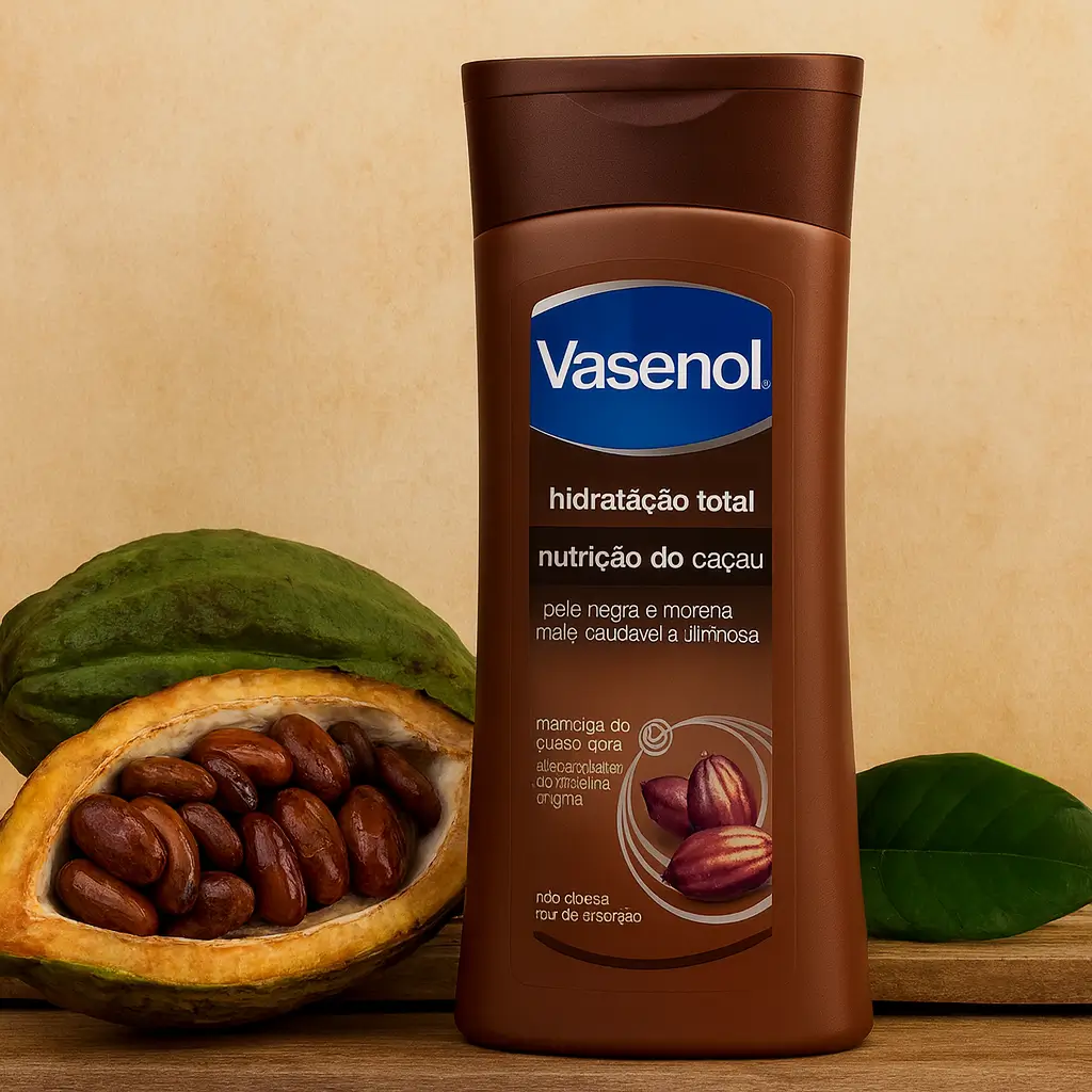 Frasco de Vasenol Hidratação Total Nutrição do Cacau para pele negra e morena, em close sobre fundo marrom com grãos de cacau ao redor