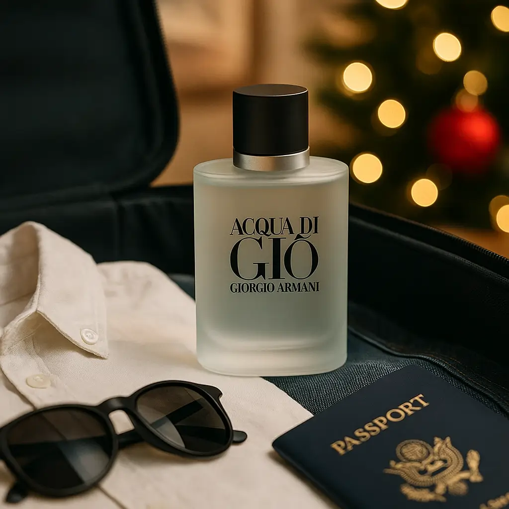 Acqua di Giò perfume masculino em cenário de viagem de Natal