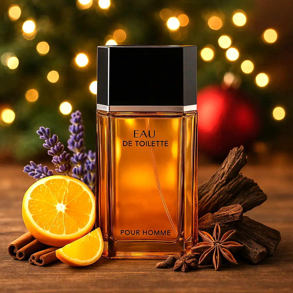 perfume masculino para presentear Azzaro Pour Homme em cenário de Natal com especiarias ao fundo