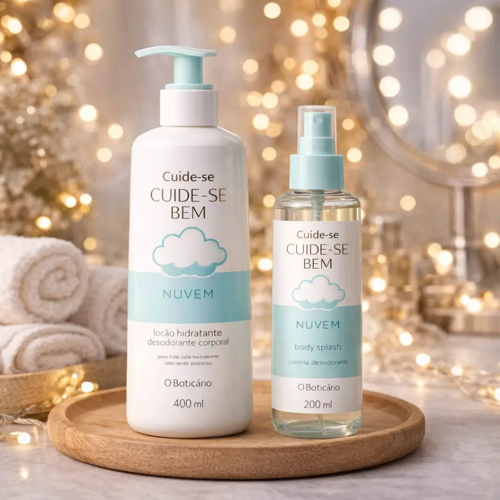 Combo Cuide-se Bem Nuvem com loção hidratante e body splash sobre bandeja de madeira, decorado com toalhas e luzes douradas de festa.