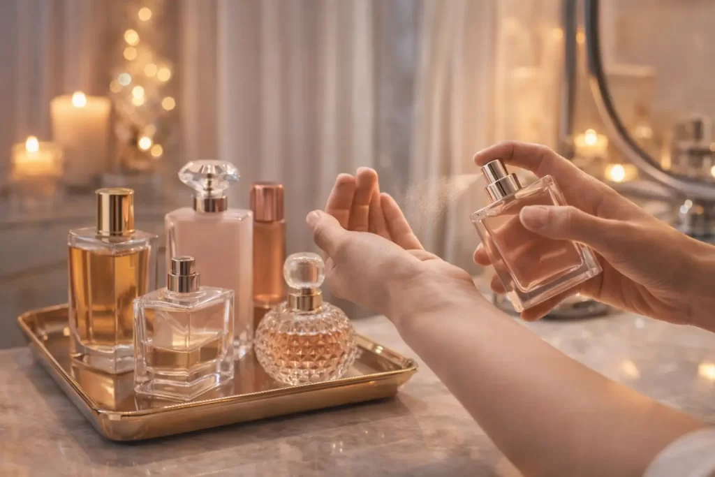 Bandeja com frascos de perfume sobre a penteadeira enquanto uma pessoa borrifa fragrância no pulso em ambiente elegante e iluminado.