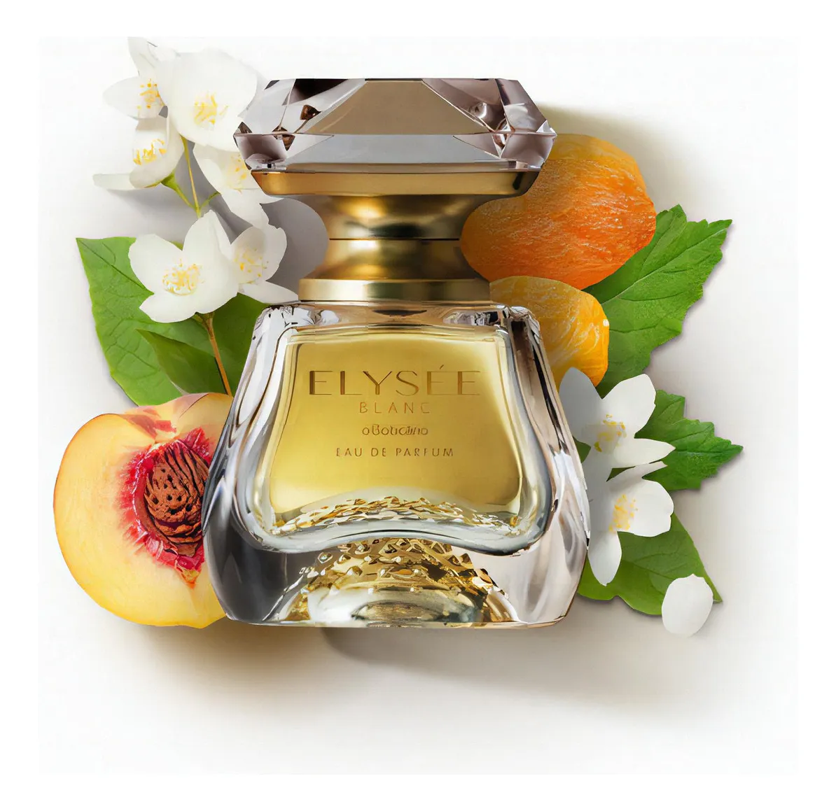 perfumes femininos sofisticados frasco de Elysee Blanc com flores e frutas ao fundo