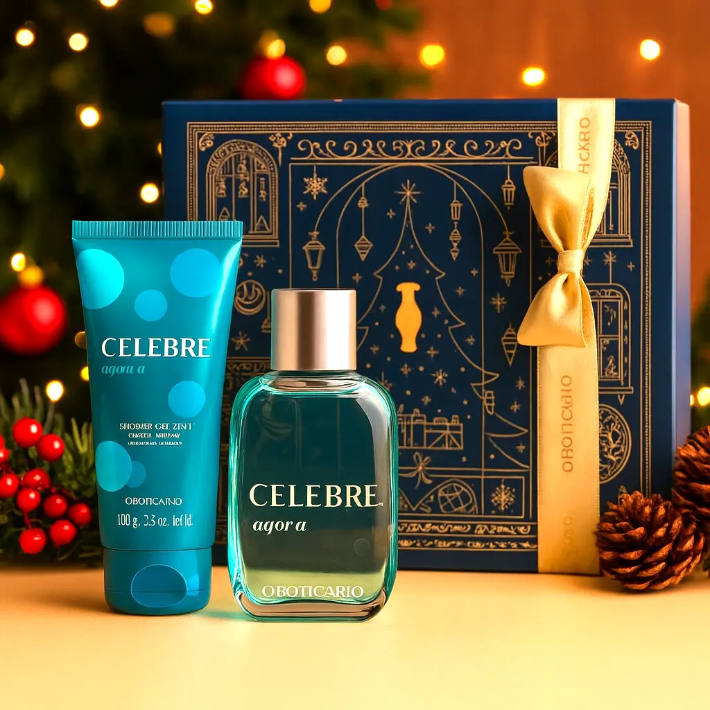 presente perfumado para namorado kit Celebre Agora Masculino O Boticário com desodorante colônia e shower gel em cenário de Natal