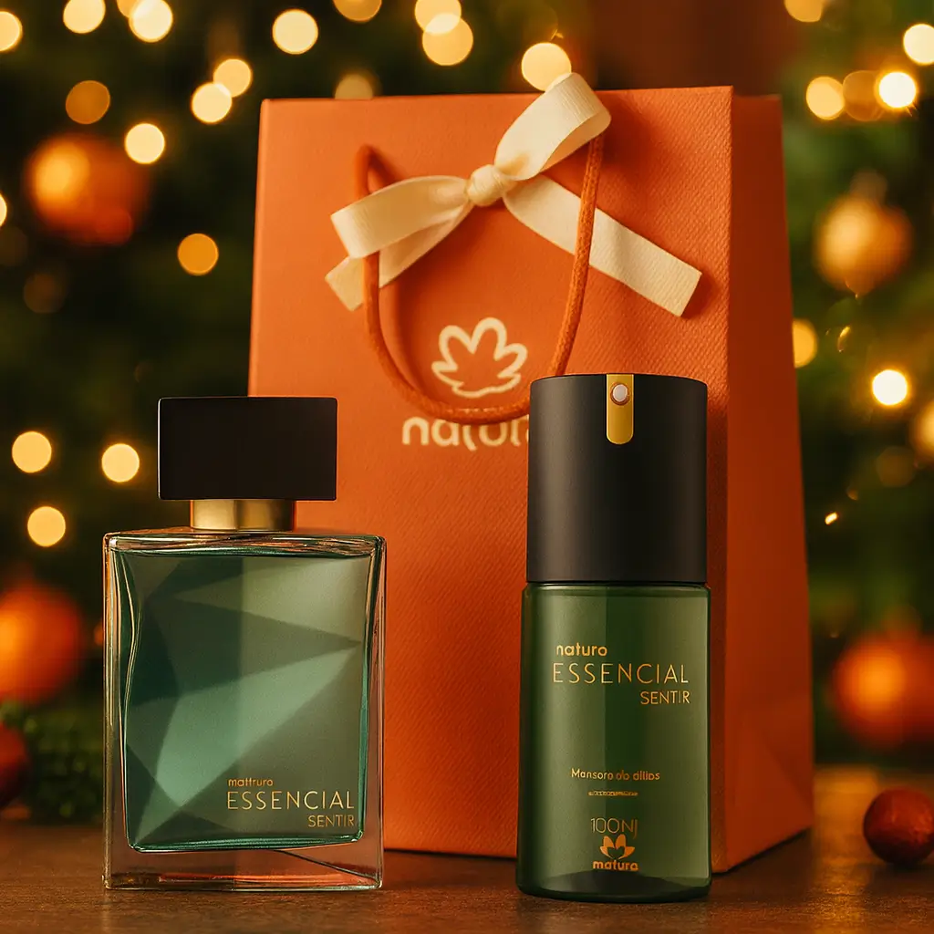 presente de amigo secreto de beleza kit Natura Essencial Sentir masculino em cenário de Natal