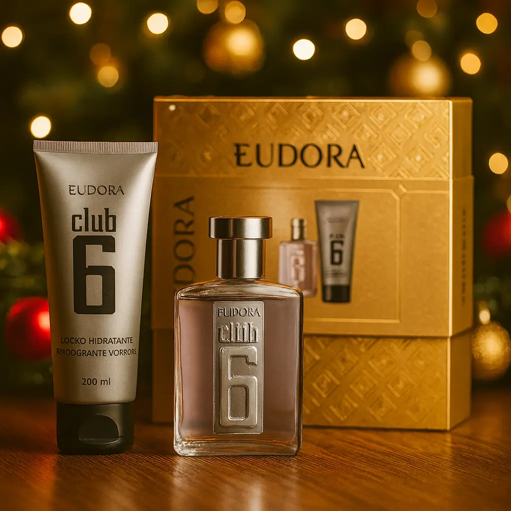 Eudora Club 6 kit presente masculino com perfume e loção em cenário de Natal