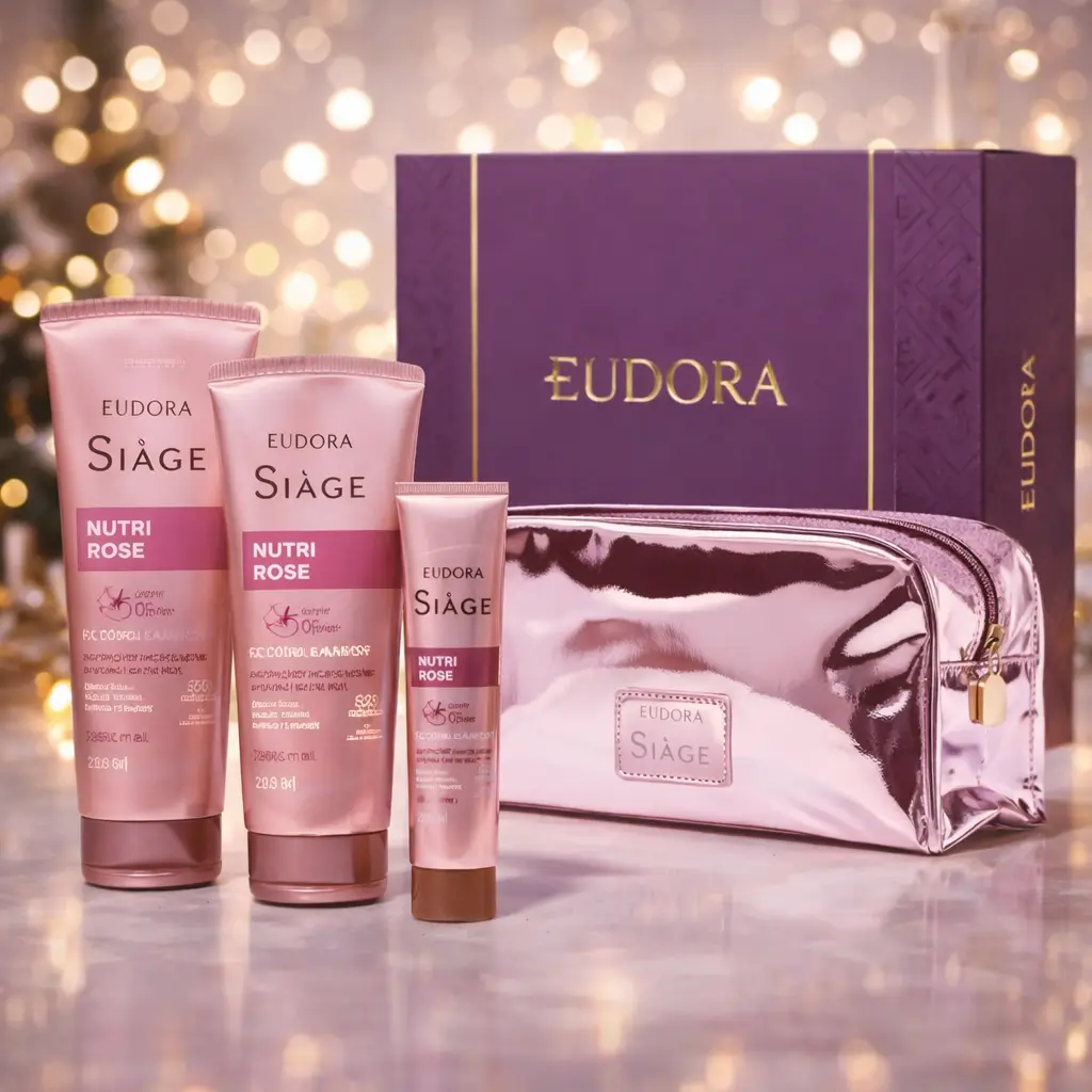 Kit capilar Eudora Siàge Nutri Rose com shampoo, condicionador, máscara e nécessaire rosé em bancada iluminada para festas.