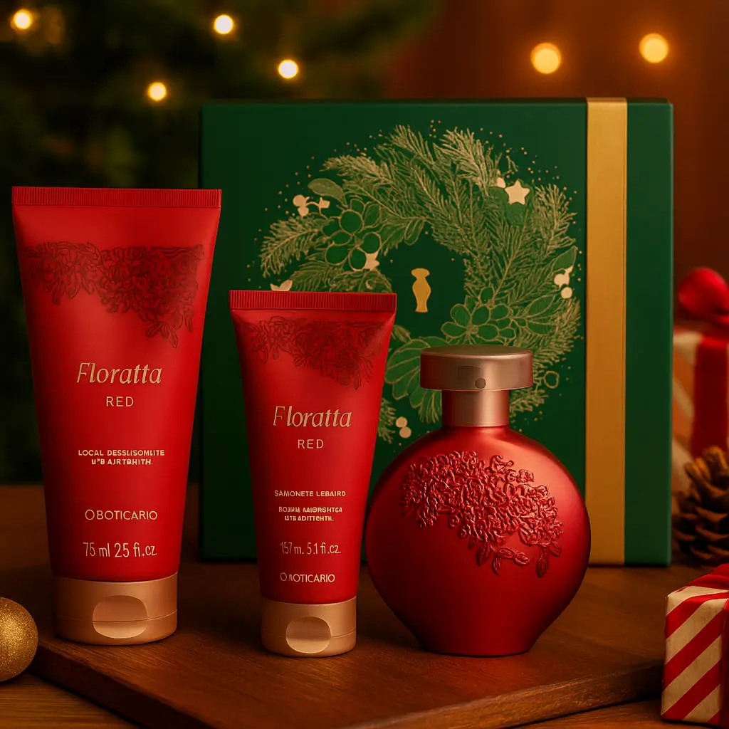 presente para mães vaidosas kit Floratta Red O Boticário com perfume hidratante e sabonete em cenário de Natal