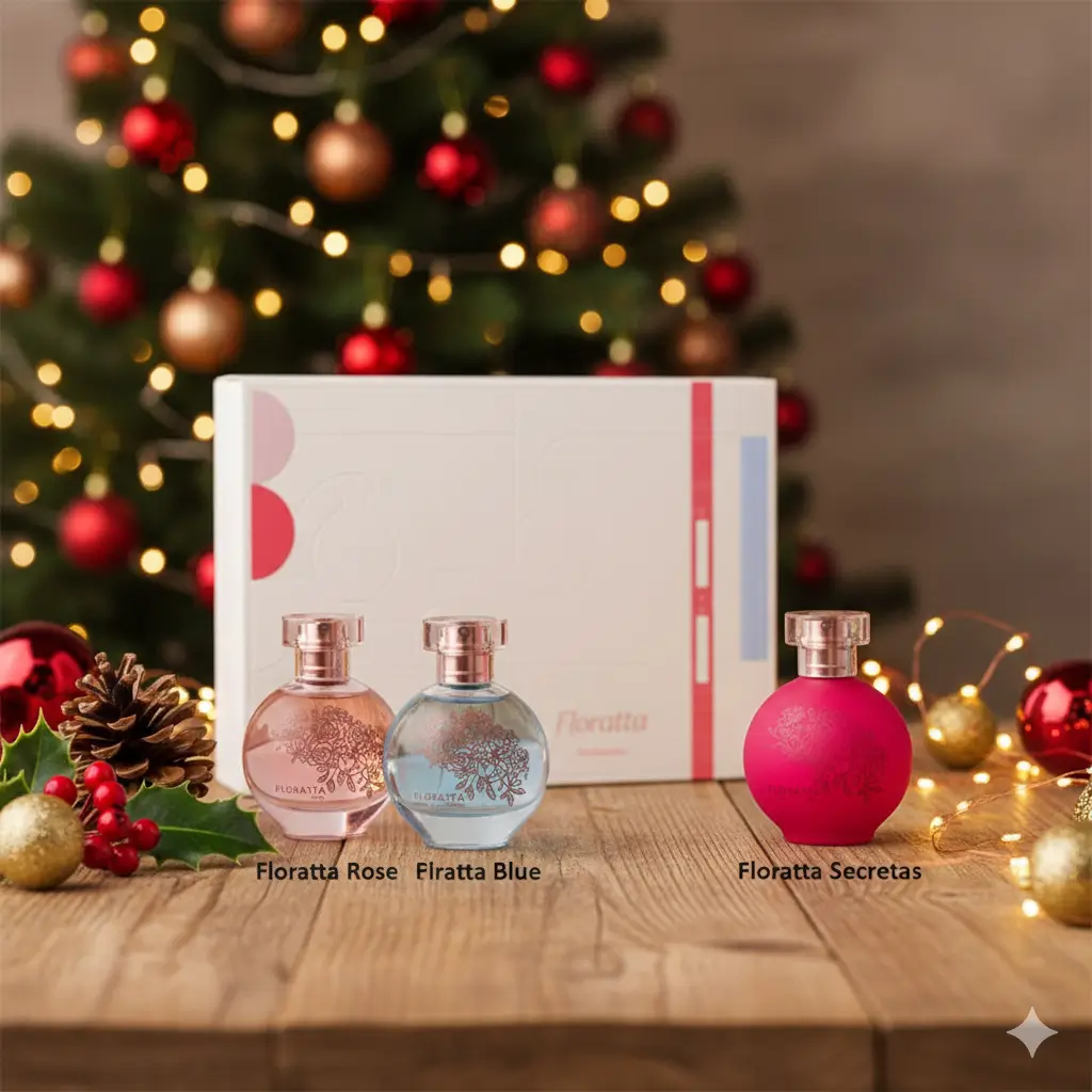 Kit Mini Floratta com três perfumes em miniatura em cenário de Natal, ideal para presentear adolescentes.