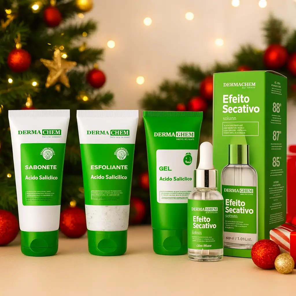 presentes de última hora de beleza kit skincare anti acne e oleosidade Dermachem em cenário de Natal