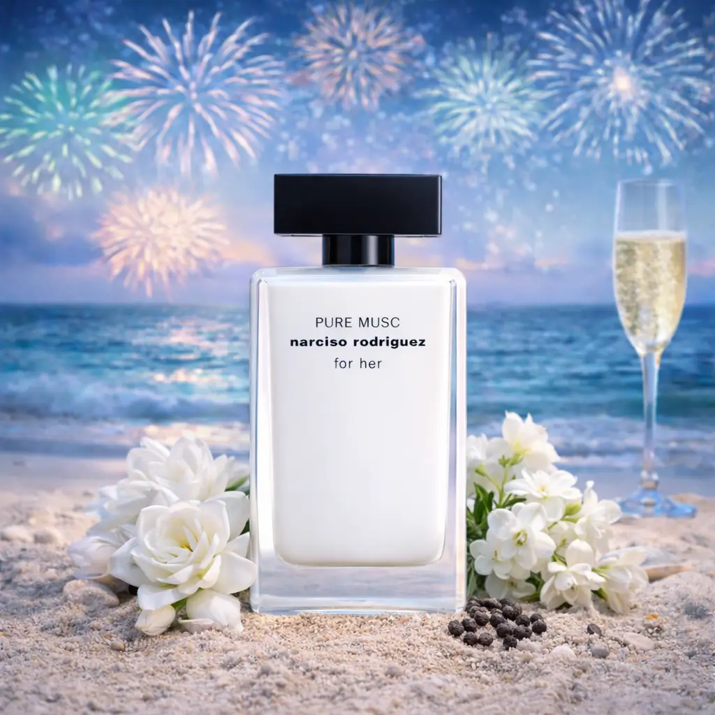 Perfume para usar com roupa branca Réveillon Pure Musc For Her Narciso Rodriguez em cenário elegante de virada do ano.