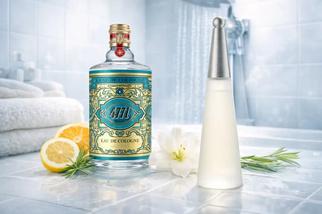 Perfume cheiro de banho tomado em cenário de banheiro fresco, com fragrâncias leves e perfeitas para o calor.