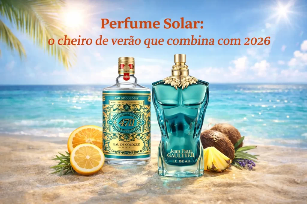 Perfume solar em cenário de praia com fragrâncias que representam o cheiro de verão e as tendências de perfumes para 2026.
