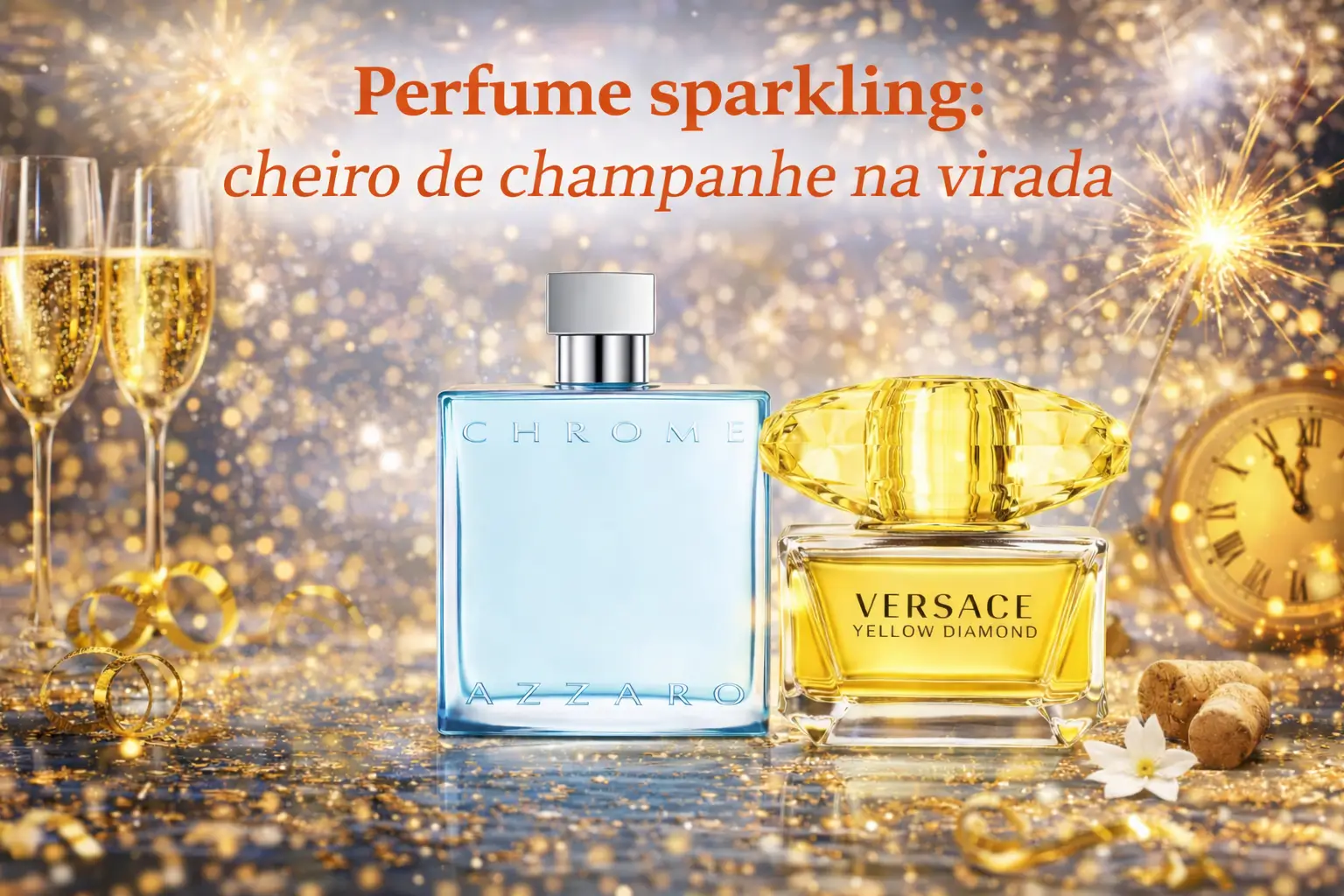 Perfume sparkling em cenário de réveillon com Azzaro Chrome e Versace Yellow Diamond, champanhe, brilho e clima de celebração.