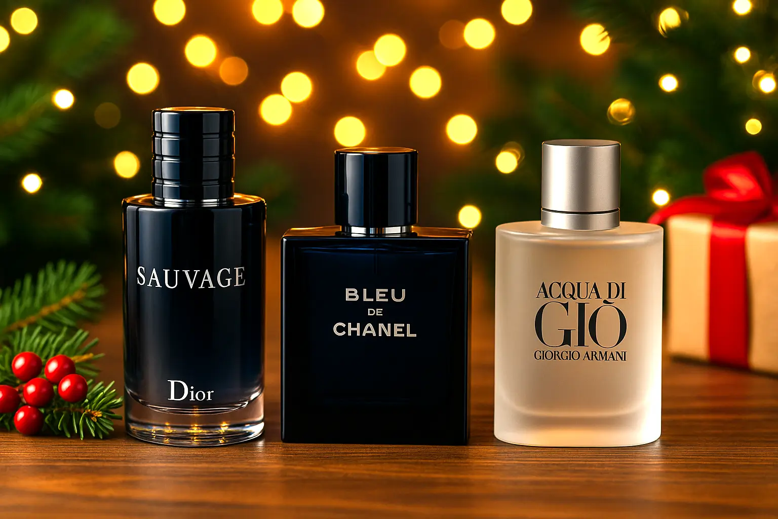 perfumes masculinos sofisticados Sauvage Bleu de Chanel e Acqua di Giò com decoração de Natal ao fundo