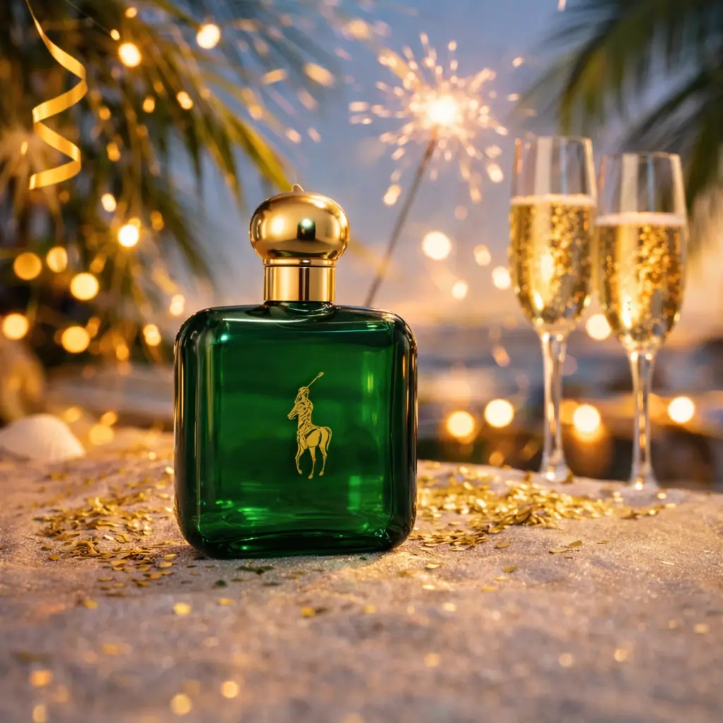 Frasco do perfume masculino Polo Green em cenário de Ano Novo à beira-mar, com taças de espumante e luzes douradas ao fundo.