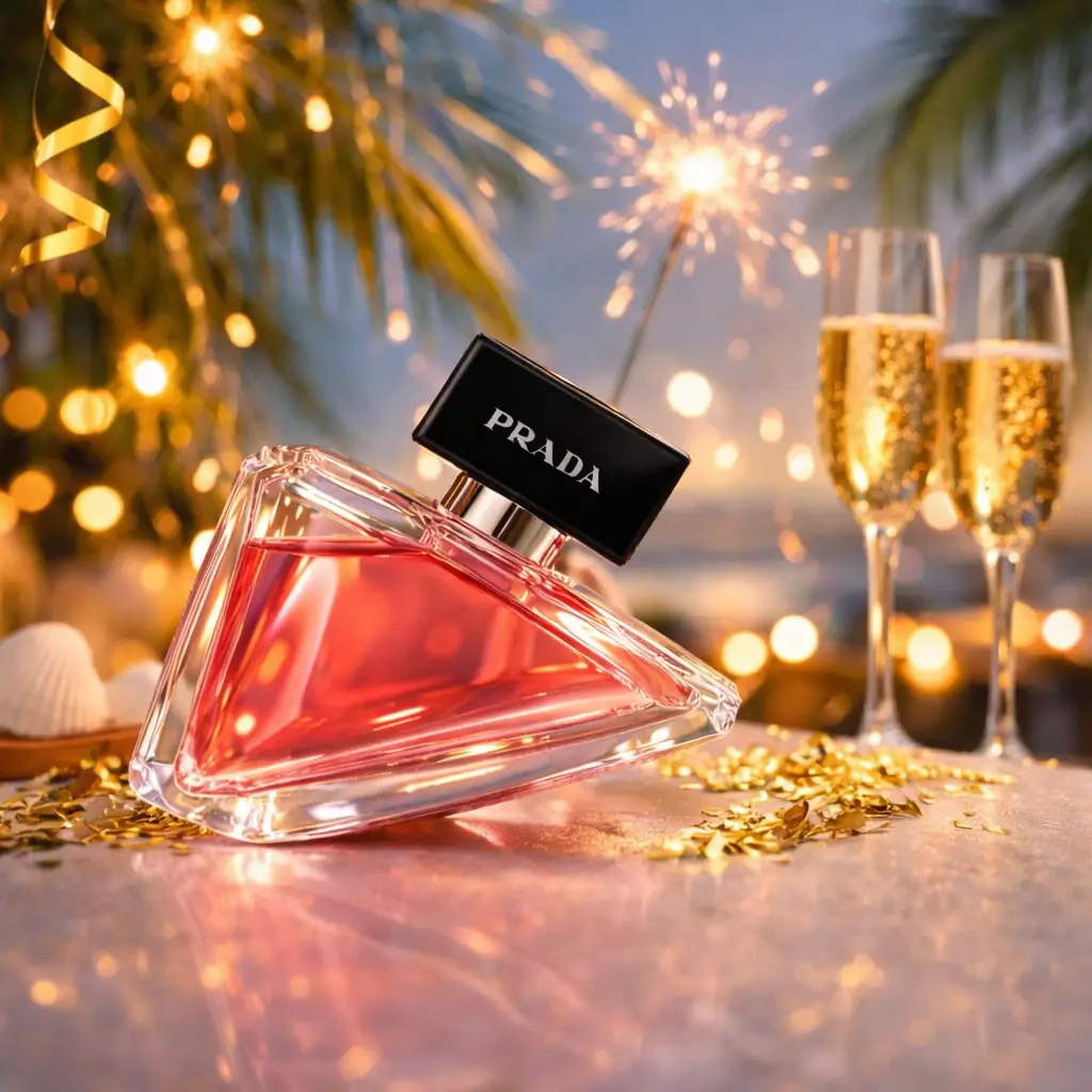 Frasco do perfume Prada Paradoxe deitado sobre uma mesa com confetes dourados, taças de espumante ao fundo e luzes de Ano Novo ao ar livre.