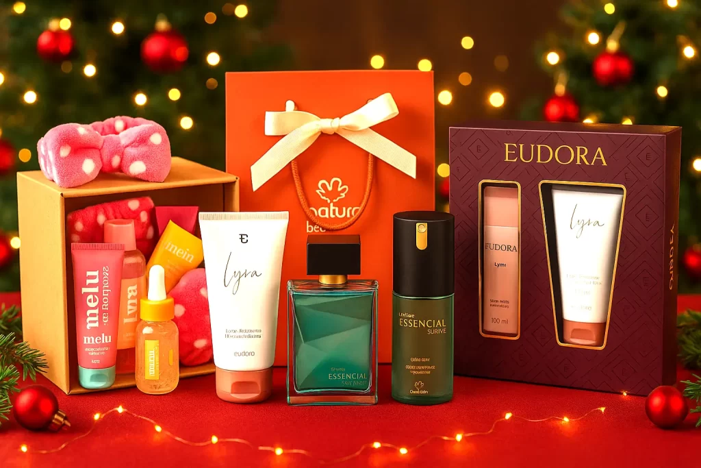 presentes de amigo secreto de beleza com kits Eudora Lyra, Natura Essencial Sentir masculino e skincare teen Melu em cenário de Natal
