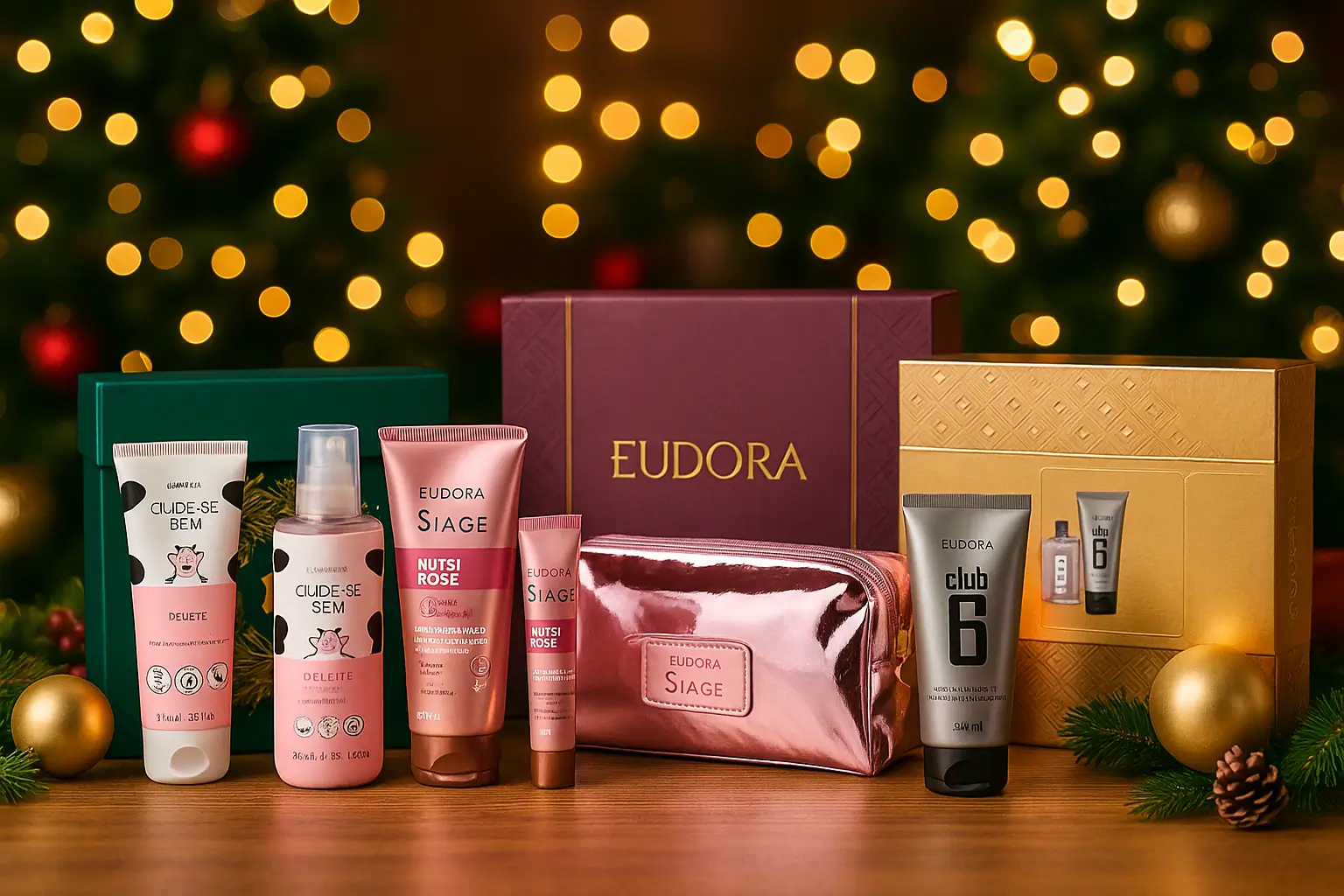 presentes de beleza baratos com kits Cuide-se Bem Deleite Eudora Siàge e Eudora Club 6 em cenário de Natal