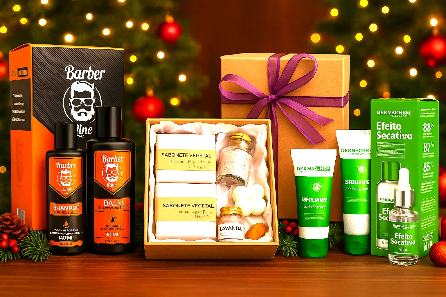 presentes de última hora de beleza com kits de Natal Barber Line, lavanda e skincare anti acne Dermachem