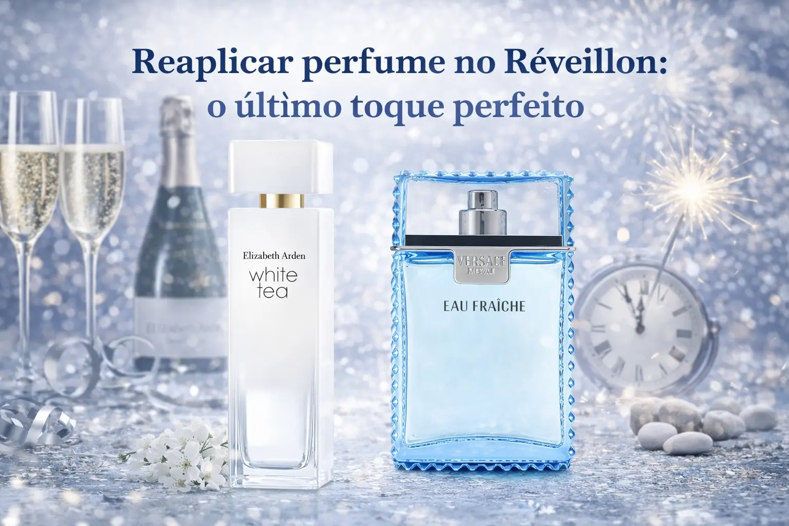 Reaplicar perfume no Réveillon com perfumes leves e elegantes em cenário de virada do ano, transmitindo frescor e sofisticação.