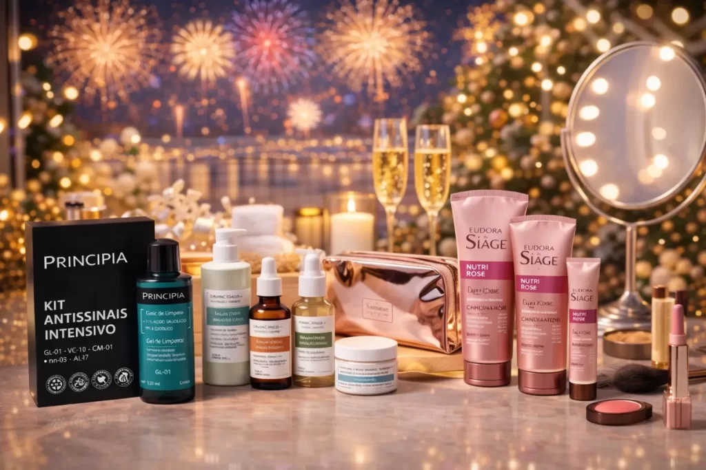 Kit Antissinais Principia, combo Cuide-se Bem Nuvem e kit capilar Eudora Siàge Nutri Rose dispostos em mesa decorada para o Réveillon, com taças de espumante e luzes ao fundo, ilustrando rotina de beleza para as festas de final de ano.
