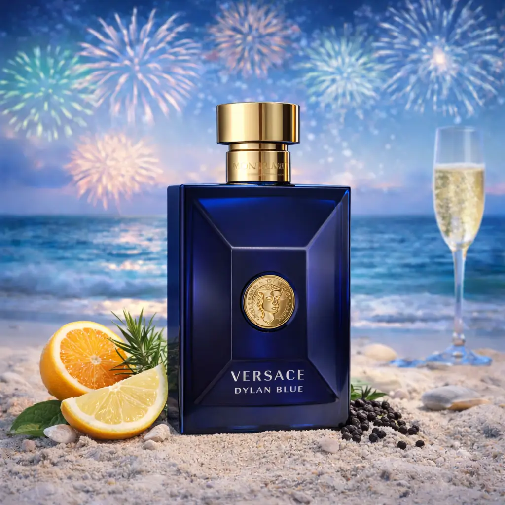 Perfume para usar com roupa branca Réveillon Versace Dylan Blue em cenário de réveillon elegante com mar, champanhe e fogos.