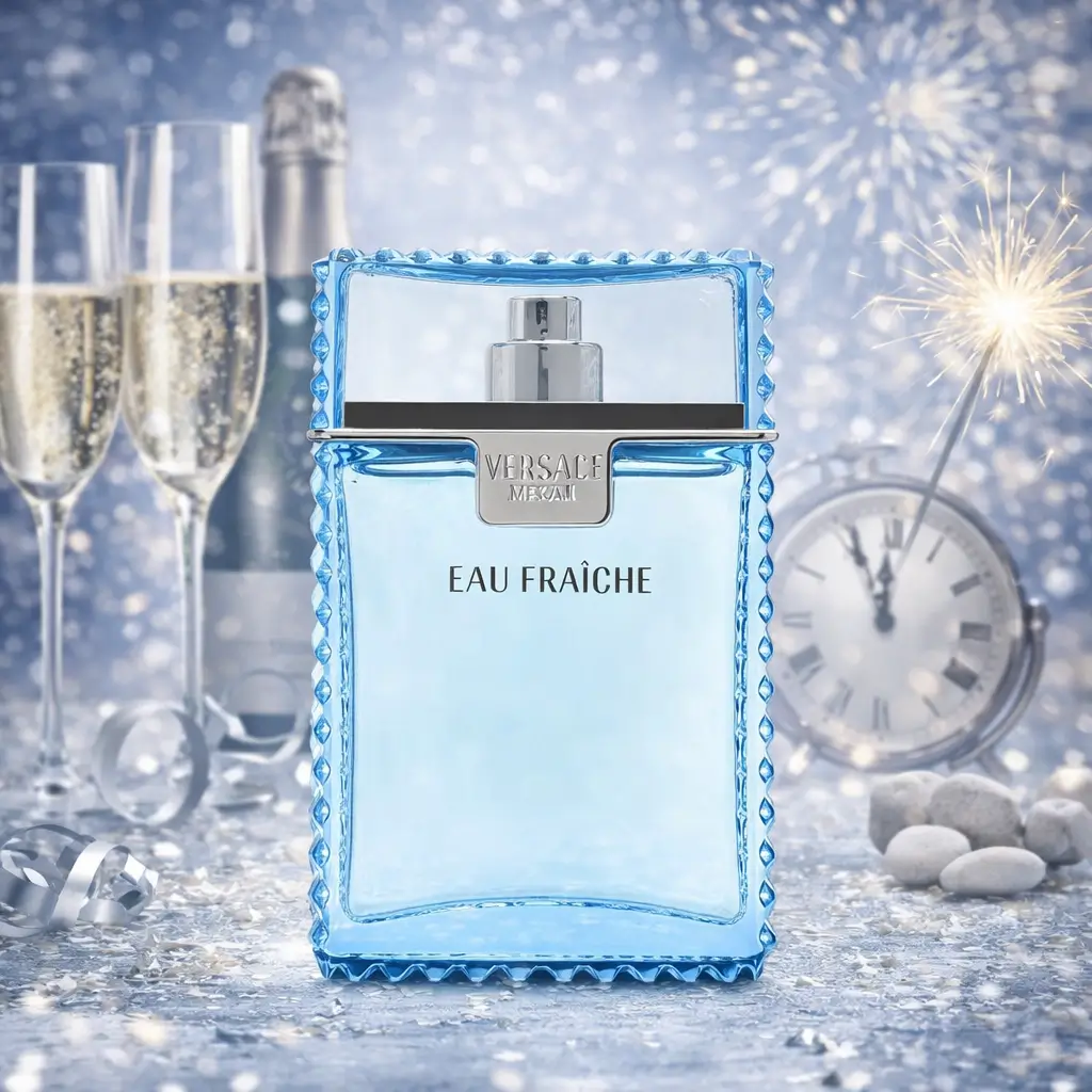 Imagem do perfume Elizabeth Arden White Tea em um cenário de réveillon clean e sofisticado, com tons claros, champanhe, flores brancas e iluminação suave. A composição transmite frescor, leveza e elegância, reforçando a ideia de reaplicar perfume no Réveillon como o último toque perfeito para a virada do ano, sem exageros e com sensação de conforto e limpeza.