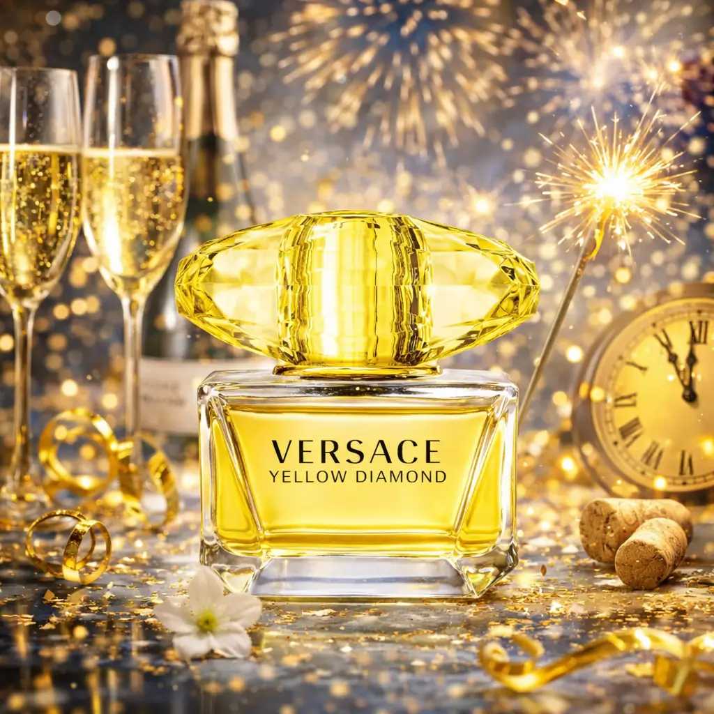 Perfume sparkling Versace Yellow Diamond em cenário de réveillon com champanhe, brilho e clima de celebração.