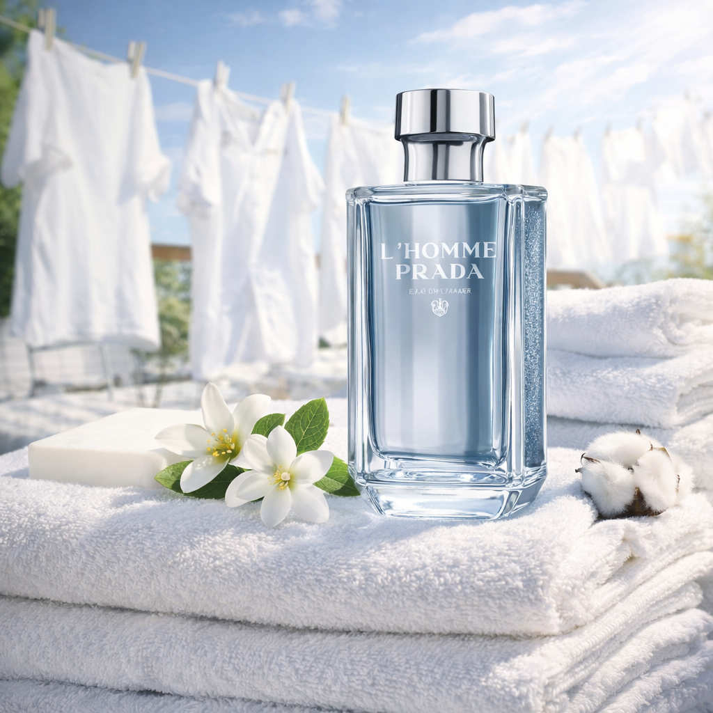Perfume aldeído Prada L’Homme em cenário de roupa limpa, com sensação de frescor e leveza ideal para o calor.