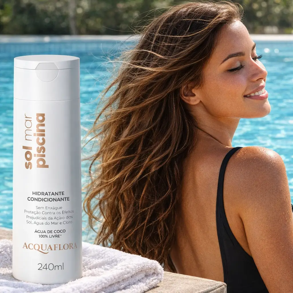 Tirar cloro do cabelo sem ressecar com Acquaflora Sol Mar Piscina e mulher de maiô à beira da piscina.