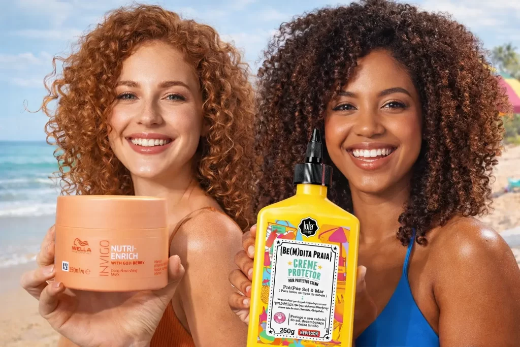Cabelos Cacheados no Verão com rotina leve e sem frizz usando produtos de proteção e nutrição capilar