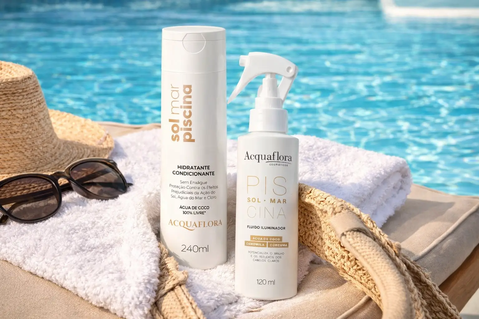 Tirar cloro do cabelo sem ressecar com produtos Acquaflora Sol Mar Piscina à beira da piscina no verão.
