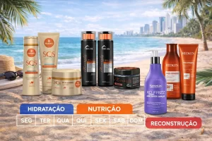 Cronograma capilar no verão com produtos de tratamento capilar para hidratação, nutrição e reconstrução expostos em cenário tropical