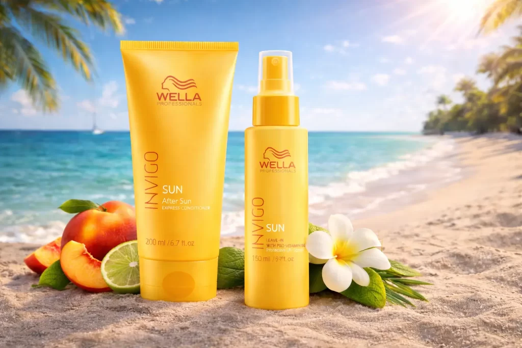 Cuidados com os cabelos no verão em cenário ensolarado com produtos capilares, fios saudáveis e atmosfera leve.