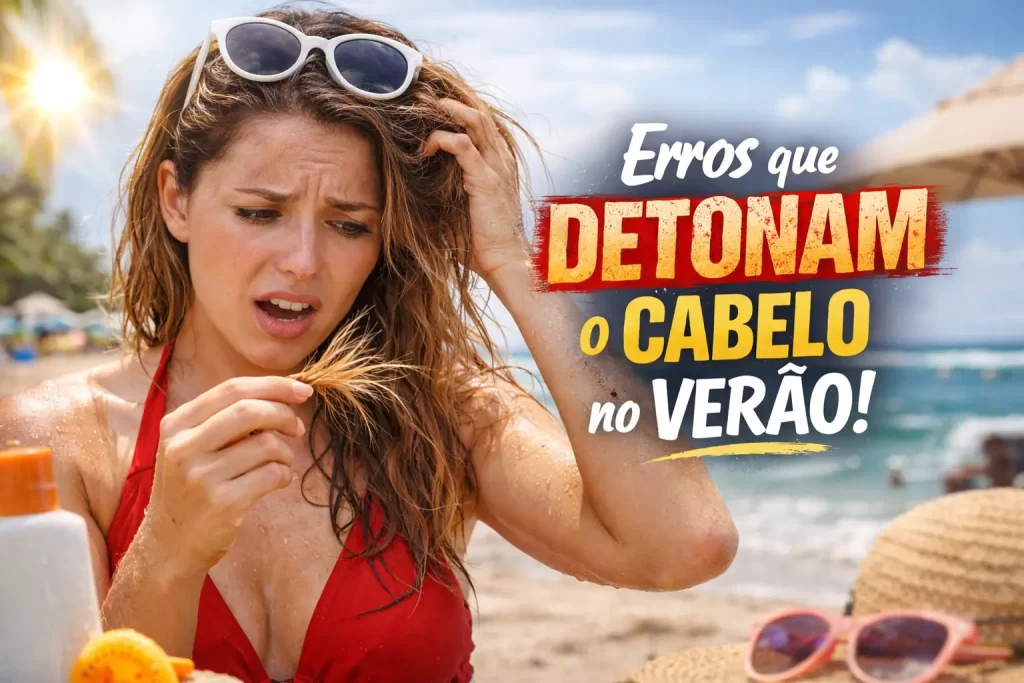 Mulher preocupada analisando cabelo ressecado na praia, representando erros que detonam o cabelo no verão.