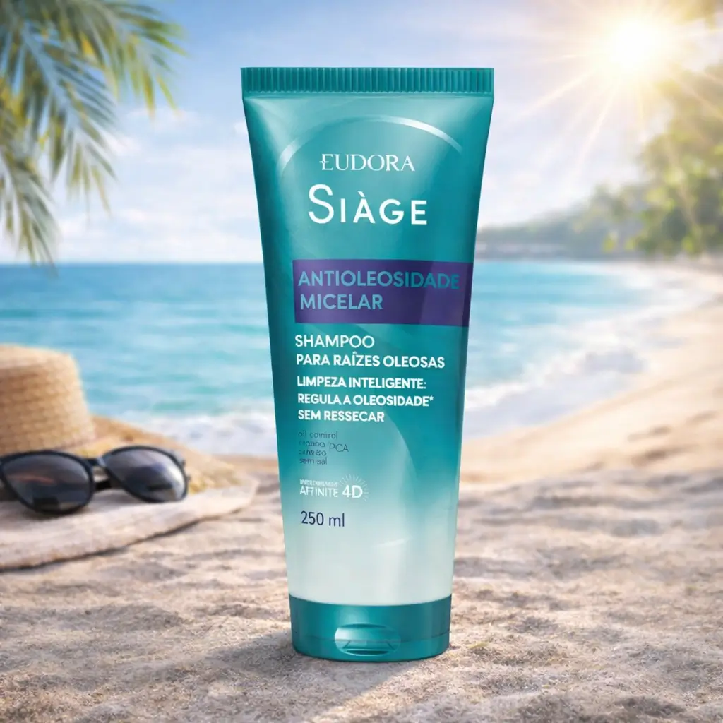 Shampoo antioleosidade micelar Siàge Eudora em cenário de verão para cabelo oleoso no calor