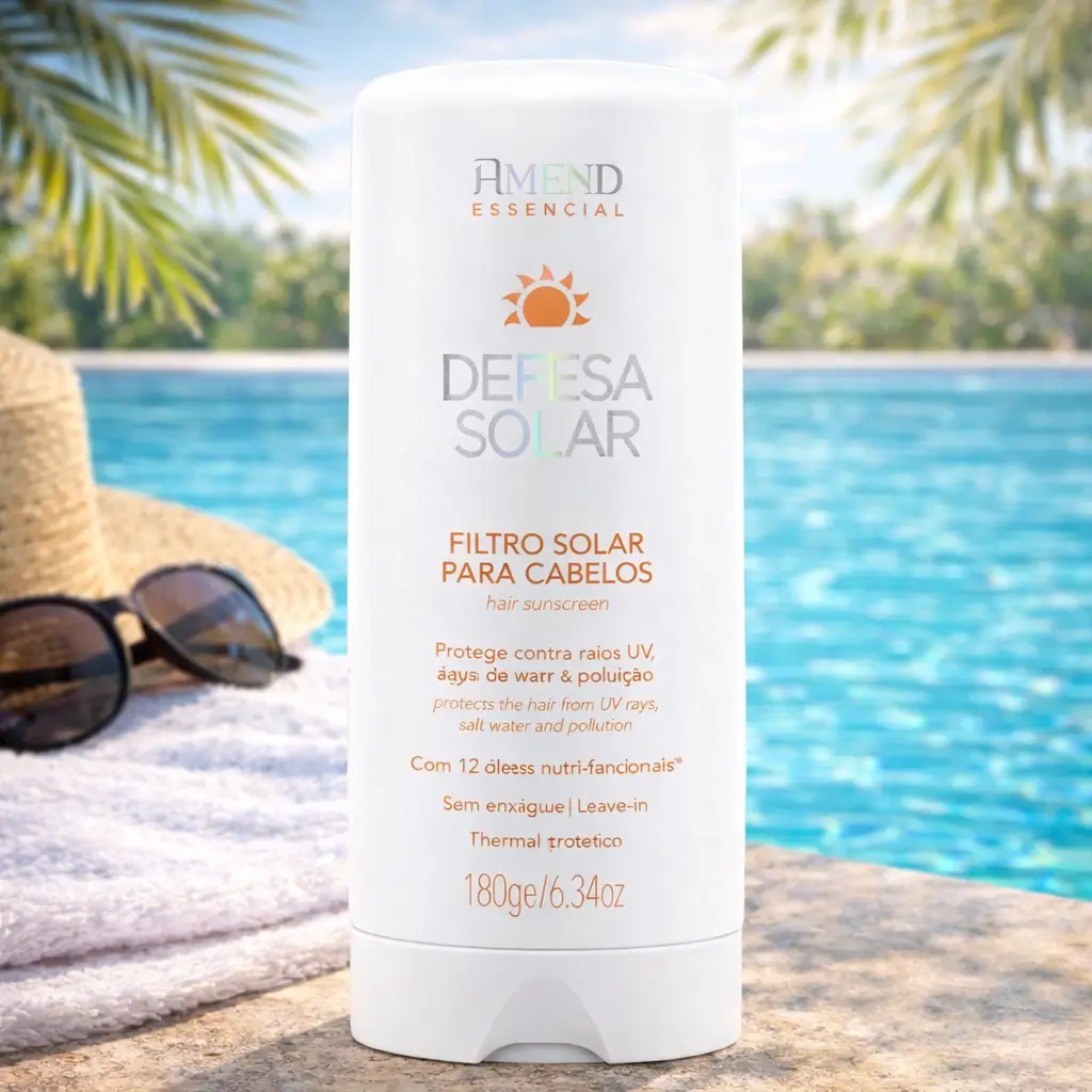 Protetor UV para cabelo Amend Defesa Solar em cenário de verão com sol e cuidado capilar.