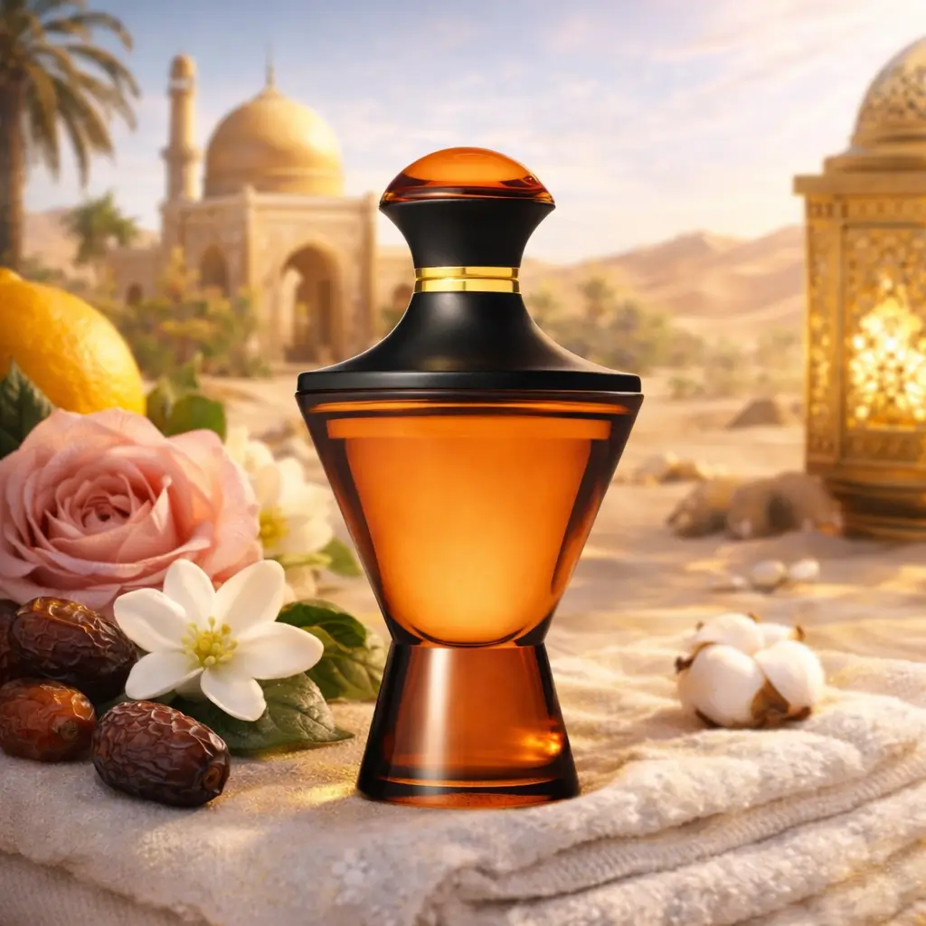 Perfume árabe no verão Hadiya O Boticário em cenário árabe quente com especiarias e atmosfera intensa.