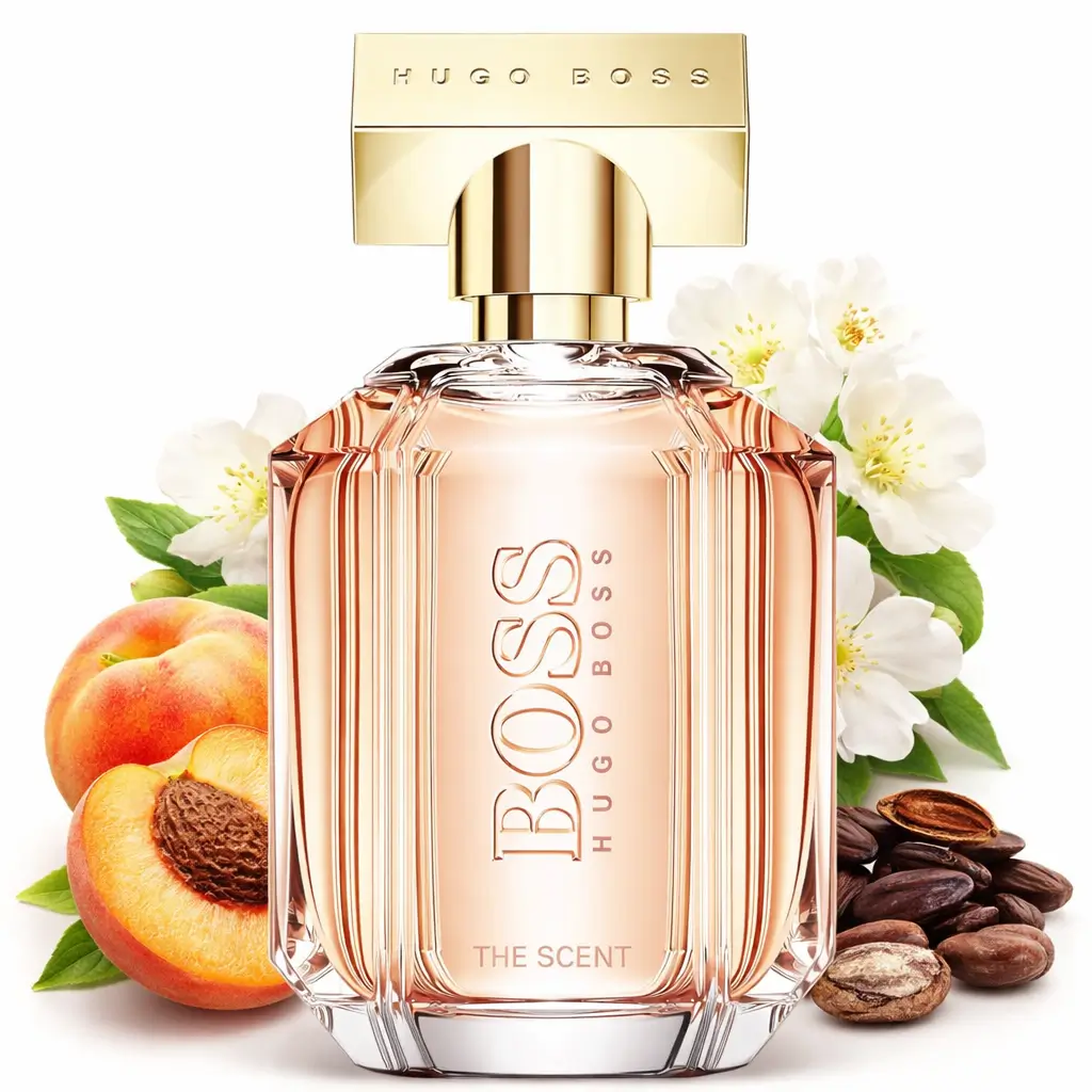 Perfume de pêssego Hugo Boss The Scent For Her em frasco elegante com notas frutadas e florais ao redor